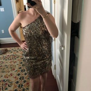shop gold mini dress Mac Duggal - Gold Sequined Cape Sleeve Mini Dress main image 1